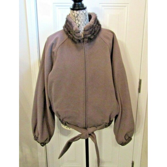 EBBERRO Vintage Taupe Wool Jacket Mink Collar Sequined Trim Satin Lined SZ 16 - Picture 2 of 8